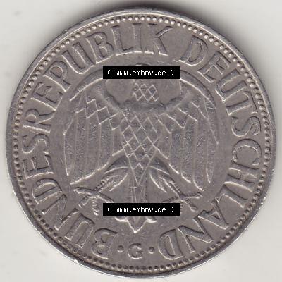 BRD Münzen 1 Deutsche Mark, Umlaufmünze 1950-2001, 1 DM Deutsche Mark, 1958 G-1. Vorderseite einer 1 DM, 1 Deutsche Mark G, Mzz. G für Karlsruhe... Sammlung