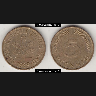 BRD Münzen 5 Pf., Umlaufmünze 1950-2001, 5 Pfennig, 1989 J-1. Vorderseite und Rückseite zusammen auf einen Bild / Foto für Desktop-Computer einer... Sammlung