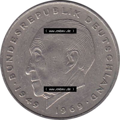 BRD Münzen 2 DM, Gedenkmünze 1969-1987, 2 DM, Deutsche Mark Münze mit Konrad Adenauer aus Deutschland 1973 F-1. Rückseite mit Wert-Zahl von 5 DM einer Deutschen... Sammlung