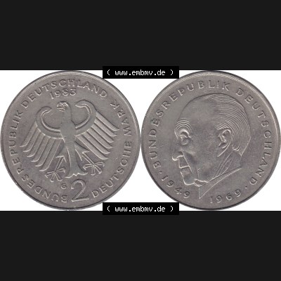 BRD Münzen 2 DM, Gedenkmünze 1969-1987, 2 DM, Deutsche Mark Münze mit Konrad Adenauer aus Deutschland 1983 G-1. Vorderseite und Rückseite mit Wert-Zahl einer... Sammlung