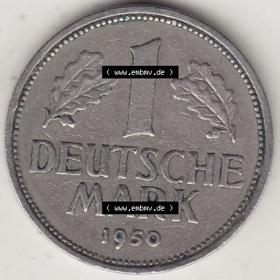 BRD Münzen 1 DM, Umlaufmünze 1950-2001, 1 DM Deutsche Mark, 1950 J-1. Münzen-Rückseite mit Nennwert / Nominalwert / Wert-Zahl einer 1 DM, 1 Deutsche... Sammlung
