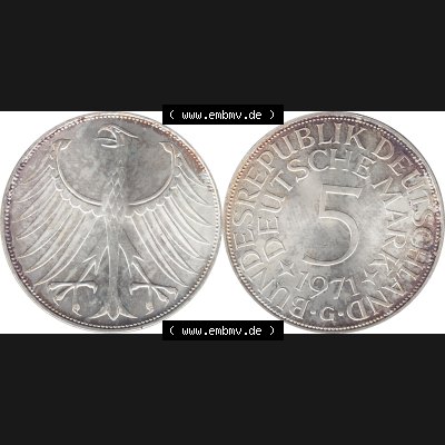 BRD Münzen Silbermünze 1951-1974, 5 DM aus Deutschland, 5 Deutsche Mark Silberadler, Heiermann 1971 Münzzeichen / Mzz. "G" für Karlsruhe-1.... Sammlung