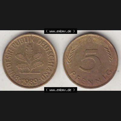 BRD Münzen 5 Pf., Umlaufmünze 1950-2001, 5 Pfennig, 1989 D-1. Vorderseite und Rückseite zusammen auf einen Bild / Foto für Desktop-Computer einer... Sammlung