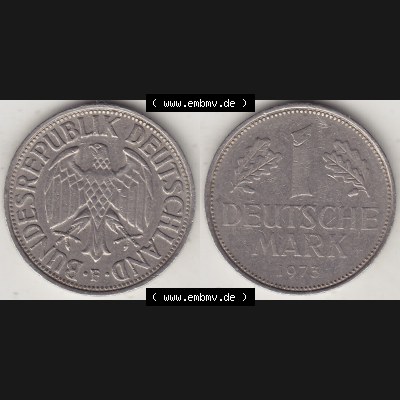 BRD Münzen 1 Deutsche Mark, Umlaufmünze 1950-2001, 1 DM Deutsche Mark, 1973 F-2. Münzen-Rückseite und Münzen-Vorderseite als Vollansicht einer 1 DM,... Sammlung