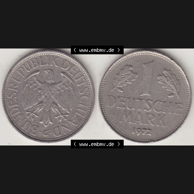 BRD Münzen 1 Deutsche Mark, Umlaufmünze 1950-2001, 1 DM Deutsche Mark, 1972 G-2. Münzen-Rückseite und Münzen-Vorderseite als Vollansicht einer 1 DM,... Sammlung