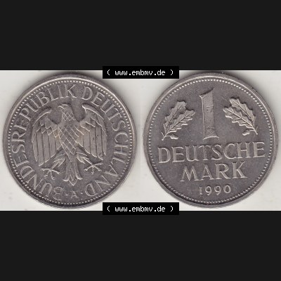 BRD Münzen 1 Deutsche Mark, Umlaufmünze 1990-2001, 1 Deutsche Mark 1990 A-2. Münzen-Rückseite und Münzen-Vorderseite als Vollansicht einer 1 DM, 1 Deutsche... Sammlung