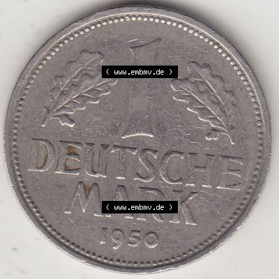 BRD Münzen 1 DM, Umlaufmünze 1950-2001, 1 DM Deutsche Mark, 1950 D-4. Münzen-Rückseite mit Nennwert / Nominalwert / Wert-Zahl einer 1 DM, 1 Deutsche... Sammlung