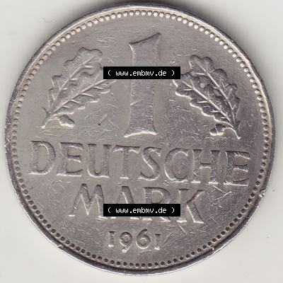 BRD Münzen 1 Deutsche Mark, Umlaufmünze 1950-2001, 1 DM Deutsche Mark, 1961 G-1. Münzen-Rückseite mit Nennwert / Nominalwert / Wert-Zahl einer 1 DM,... Sammlung