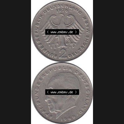 BRD Münzen 2 DM, Gedenkmünze 1969-1987, 2 DM, Deutsche Mark Münze mit Konrad Adenauer aus Deutschland 1976 F-1. Vorderseite und Rückseite mit Wert-Zahl eine... Sammlung