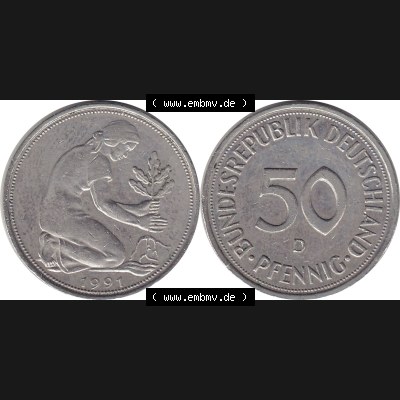BRD Münzen 50 Pf. Umlaufmünze 1950-2001, 50 Pfennig BRD Deutschland 1991 München mit Mzz. D-1. Vorderseite und Rückseite mit Wert-Zahl einer 50 Pfennig Münze... Sammlung