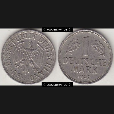 BRD Münzen 1 Deutsche Mark, Umlaufmünze 1950-2001, 1 DM Deutsche Mark, 1969 J-1. Münzen-Rückseite und Münzen-Vorderseite als Vollansicht einer 1 DM,... Sammlung