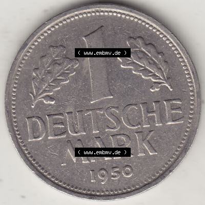 BRD Münzen 1 Deutsche Mark, Umlaufmünze 1950-2001, 1 DM Deutsche Mark, 1950 G-3. Münzen-Rückseite mit Nennwert / Nominalwert / Wert-Zahl einer 1 DM,... Sammlung