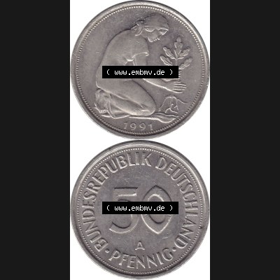 BRD Münzen 50 Pf. Umlaufmünze 1990-2001, 50 Pfennig BRD Deutschland 1991 A-1. Vorderseite und Rückseite mit Wert-Zahl eine 50 Pfennig Münze der ehemaligen DM-Währung... Sammlung