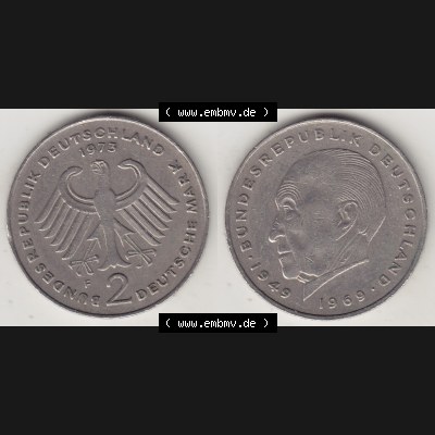 BRD Münzen 2 DM, Gedenkmünze 1969-1987, 2 DM, Deutsche Mark Konrad Adenauer 1973 F-1. VS-RS auf einen Bild / Foto einer 2 DM, 2 Deutsche Mark F Gedenkmünze,... Sammlung