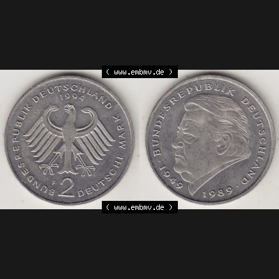 BRD Münzen 2 DM, Gedenkmünze 1990-2001, 2 DM, Deutsche Mark Franz Josef Strauß 1994 F-1. VS-RS auf einen Bild / Foto einer 2 DM, 2 Deutsche Mark F Gedenkmünze,... Sammlung