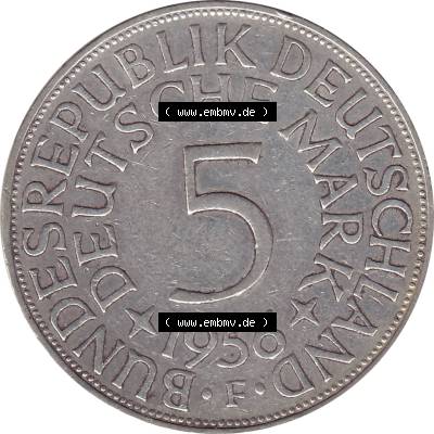 BRD Münzen Silbermünze 1951-1974, 5 DM aus Deutschland, 5 Deutsche Mark Silberadler, Heiermann 1956 Münzzeichen / Mzz. "F" für Stuttgart-1.... Sammlung