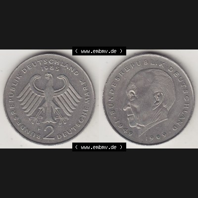 BRD Münzen 2 DM, Gedenkmünze 1969-1987, 2 DM, Deutsche Mark Konrad Adenauer 1985 F-1. VS-RS auf einen Bild / Foto einer 2 DM, 2 Deutsche Mark F Gedenkmünze,... Sammlung
