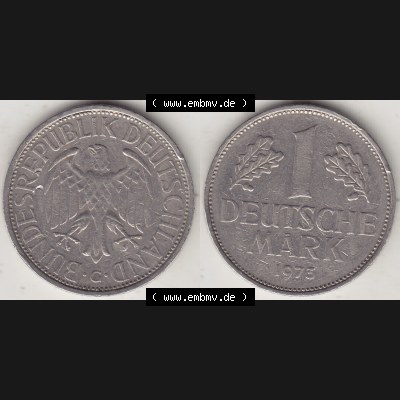 BRD Münzen 1 Deutsche Mark, Umlaufmünze 1950-2001, 1 DM Deutsche Mark, 1973 G-1. Münzen-Rückseite und Münzen-Vorderseite als Vollansicht einer 1 DM,... Sammlung