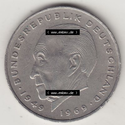 BRD Münzen 2 DM, Gedenkmünze 1969-1987, 2 DM, Deutsche Mark Konrad Adenauer 1975 F-1. Rückseite einer 2 DM, 2 Deutsche Mark F Gedenkmünze, Mzz.... Sammlung