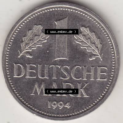 BRD Münzen 1 Deutsche Mark, Umlaufmünze 1950-2001, 1 DM Deutsche Mark, 1994 D-1. Münzen-Rückseite mit Nennwert / Nominalwert / Wert-Zahl einer 1 DM,... Sammlung