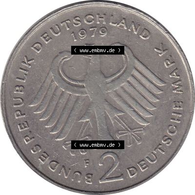 BRD Münzen 2 DM, Gedenkmünze 1969-1987, 2 DM, Deutsche Mark Münze mit Konrad Adenauer aus Deutschland 1979 F-1. Vorderseite einer Deutschen Münze der BRD,... Sammlung