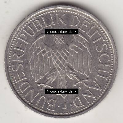 BRD Münzen 1 Deutsche Mark, Umlaufmünze 1950-2001, 1 DM Deutsche Mark, 1990 J-1. Vorderseite einer 1 DM, 1 Deutsche Mark J, Mzz. J für Hamburg... Sammlung