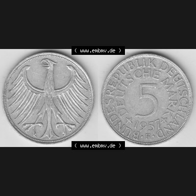 BRD Münzen Silbermünze 1951-1974, 5 DM, 5 Deutsche Mark Silberadler, Heiermann 1957 Münzzeichen / Mzz. "F" für Stuttgart - 1. Vorderseite... Sammlung