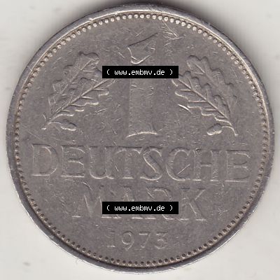 BRD Münzen 1 Deutsche Mark, Umlaufmünze 1950-2001, 1 DM Deutsche Mark, 1973 F-2. Münzen-Rückseite mit Nennwert / Nominalwert / Wert-Zahl einer 1 DM,... Sammlung