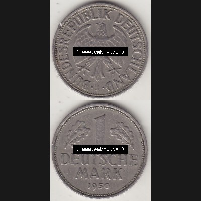 BRD Münzen 1 Deutsche Mark, Umlaufmünze 1950-2001, 1 DM Deutsche Mark, 1950 J-8. Münzen-Rückseite und Münzen-Vorderseite vertikal untereinander als Vollansicht... Sammlung