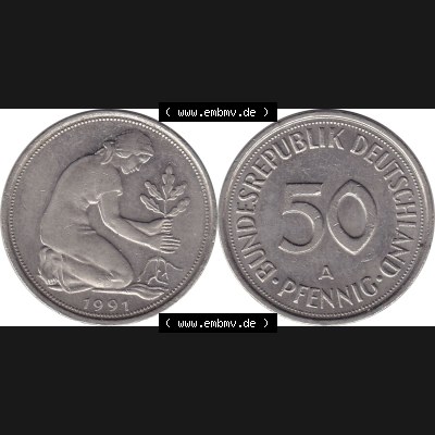BRD Münzen 50 Pf. Umlaufmünze 1990-2001, 50 Pfennig BRD Deutschland 1991 A-1. Vorderseite und Rückseite mit Wert-Zahl einer 50 Pfennig Münze der DM-Währung... Sammlung