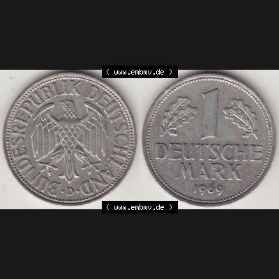 BRD Münzen 1 Deutsche Mark, Umlaufmünze 1950-2001, 1 DM Deutsche Mark, 1969 D-1. Münzen-Rückseite und Münzen-Vorderseite als Vollansicht einer 1 DM,... Sammlung
