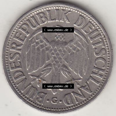 BRD Münzen 1 Deutsche Mark, Umlaufmünze 1950-2001, 1 DM Deutsche Mark, 1950 G-2. Vorderseite einer 1 DM, 1 Deutsche Mark G, Mzz. G für Karlsruhe... Sammlung