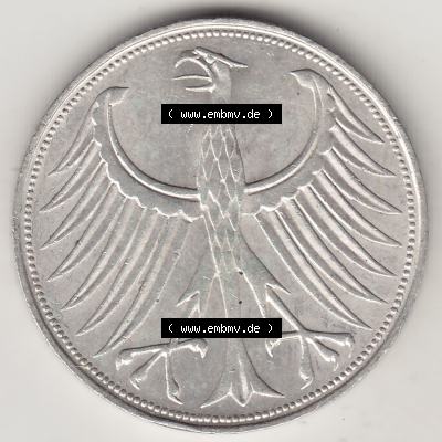 BRD Münzen Silbermünze 1951-1974, 5 DM, 5 Deutsche Mark Silberadler, Heiermann 1963 Münzzeichen / Mzz. "D" für München - 1. Vorderseite... Sammlung
