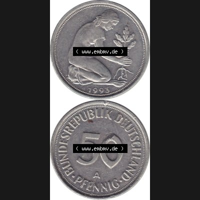 BRD Münzen 50 Pf. Umlaufmünze 1990-2001, 50 Pfennig BRD Deutschland 1993 A-1. Vorderseite und Rückseite mit Wert-Zahl eine 50 Pfennig Münze der ehemaligen DM-Währung... Sammlung