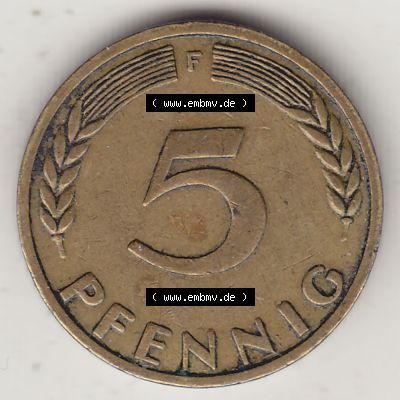 BRD Münzen 5 Pf., Umlaufmünze 1949-1949, 5 Pfennig, 1949 F-1. Rückseite einer 5 Pfennig F, Mzz. F für Stuttgart - Münze aus Deutschland... Sammlung