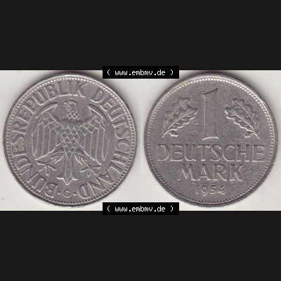 BRD Münzen 1 Deutsche Mark, Umlaufmünze 1950-2001, 1 DM Deutsche Mark, 1954 G-1. Münzen-Rückseite und Münzen-Vorderseite als Vollansicht einer 1 DM,... Sammlung