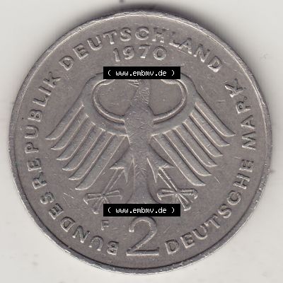BRD Münzen 2 DM, Gedenkmünze 1969-1987, 2 DM, Deutsche Mark Konrad Adenauer 1970 F-1. Vorderseite einer 2 DM, 2 Deutsche Mark F Gedenkmünze, Mzz.... Sammlung