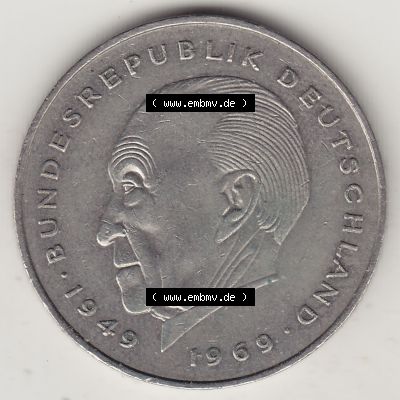 BRD Münzen 2 DM, Gedenkmünze 1969-1987, 2 DM, Deutsche Mark Konrad Adenauer 1986 G-1. Rückseite einer 2 DM, 2 Deutsche Mark G Gedenkmünze, Mzz.... Sammlung