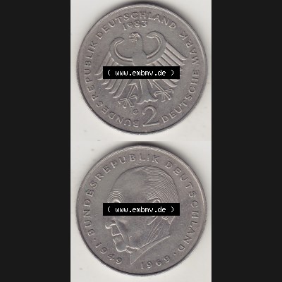 BRD Münzen 2 DM, Gedenkmünze 1969-1987, 2 DM, Deutsche Mark Konrad Adenauer 1983 G-1. Vorderseite und Rückseite einer Münze auf einen Bild / Foto,... Sammlung