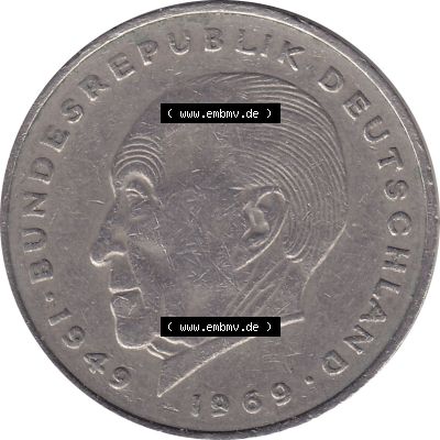 BRD Münzen 2 DM, Gedenkmünze 1969-1987, 2 DM, Deutsche Mark Münze mit Konrad Adenauer aus Deutschland 1971 F-1. Rückseite mit Wert-Zahl von 5 DM einer Deutschen... Sammlung