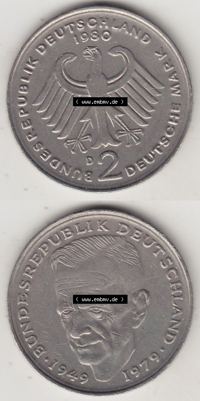 2 DM, Deutsche Mark Kurt Schumacher 1980 D-1 Sammlung