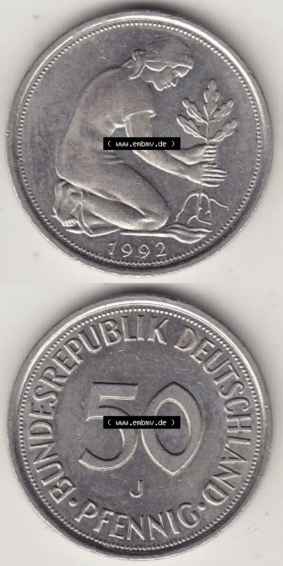 BRD Münzen 50 Pf. Umlaufmünze 1950-2001, 50 Pfennig 1992 J-1. Vorderseite und Rückseite auf einen Bild / Foto vertikal untereinander... Sammlung