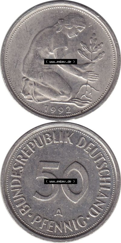 1990-2001, 50 Pfennig BRD Deutschland 1992 A Sammlung