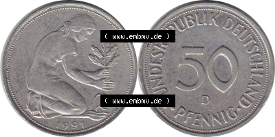 1950-2001, 50 Pfennig BRD Deutschland 1991 München mit Mzz. D Sammlung