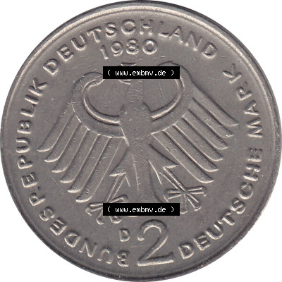 1979-1993, 2 DM, Deutsche Mark Kurt Schumacher 1980 D Sammlung