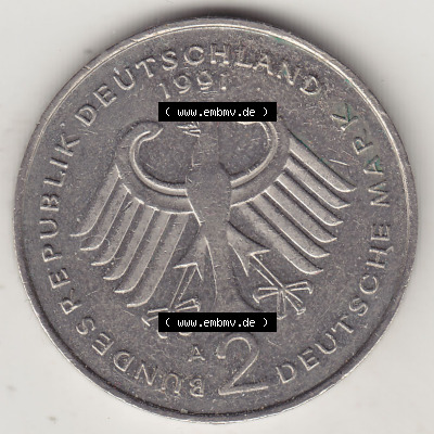 BRD Münzen 2 DM, Gedenkmünze 1991-2001, 2 DM, Deutsche Mark Franz Josef Strauß 1991 A-1. Vorderseite einer 2 DM, 2 Deutsche... Sammlung