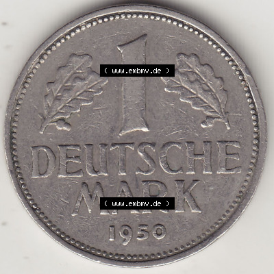 BRD Münzen 1 Deutsche Mark, Umlaufmünze 1950-2001, 1 DM Deutsche Mark, 1950 J-7. Münzen-Rückseite mit Nennwert / Nominalwert... Sammlung