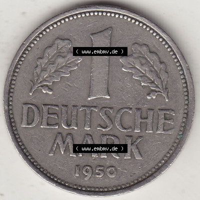 BRD Münzen 1 Deutsche Mark, Umlaufmünze 1950-2001, 1 DM Deutsche Mark, 1950 F-3. Münzen-Rückseite mit Nennwert / Nominalwert... Sammlung