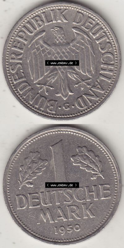 BRD Münzen 1 Deutsche Mark, Umlaufmünze 1950-2001, 1 DM Deutsche Mark, 1950 G-3. Münzen-Rückseite und Münzen-Vorderseite... Sammlung