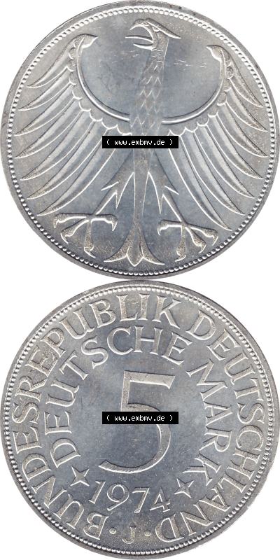 1951-1974, 5 DM aus Deutschland, 5 Deutsche Mark Silberadler, Heiermann 1974 Münzzeichen / Mzz. "J" für Hamburg Sammlung